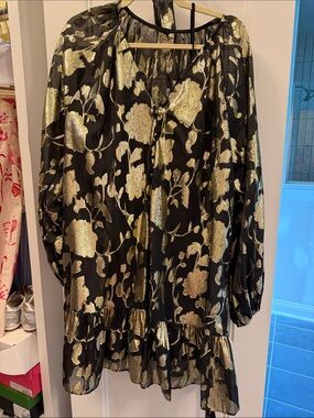 Black and Gold Floral Ruffle Hem Women's Dress